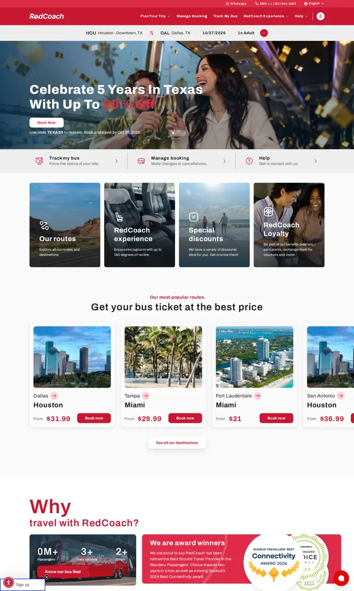 Home page of the RedCoach website